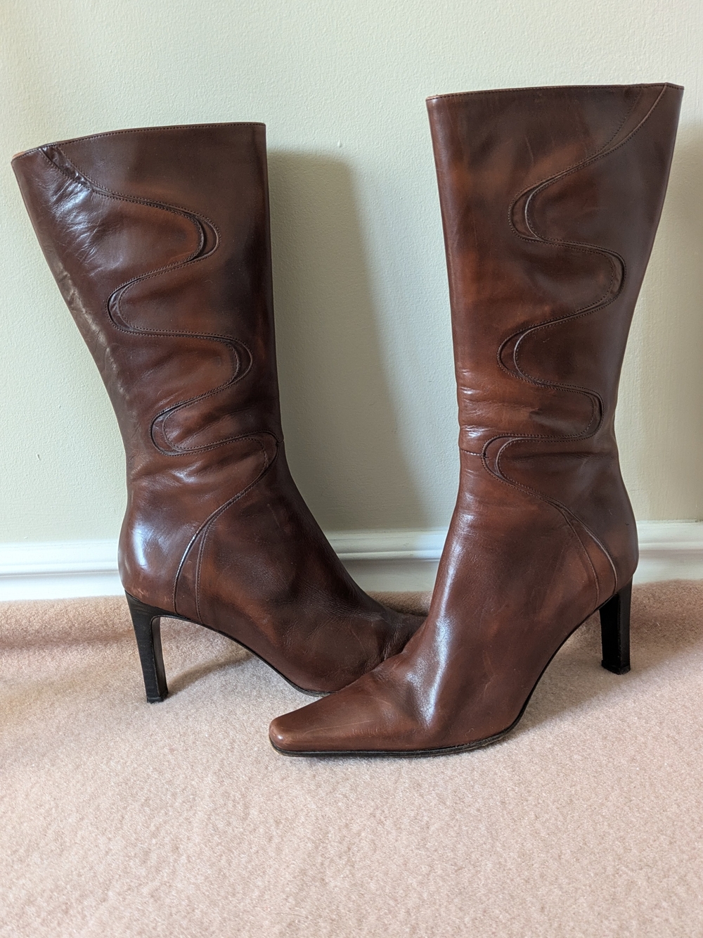 PALOMA Made In Italy Vintage Genuine Leather Cognac Brown Heeled Boots Size 7.5